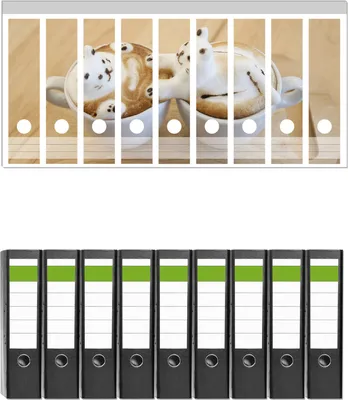 Produktbild von Wallario 9 Stück breite Ordner inkl. Klebeetiketten mit Motive Süße Milchschaum Katzen auf Kaffee -  Set mit Rückenschildern / Ordnerrücken Stickern