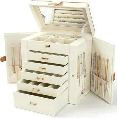 Produktbild von Schmuckkästchen mit Spiegel – Aufbewahrungsbox für Schmuck – Schmuckorganizer – 6 Fächer, 5 Schubladen