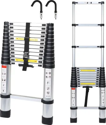 Obrázek produktu pro Jayseuw teleskopický žebřík stříbrný 3,8 m s háky Výsuvný žebřík do 150 kg Robustní hliníkový žebřík Multifunkční žebřík Štafle