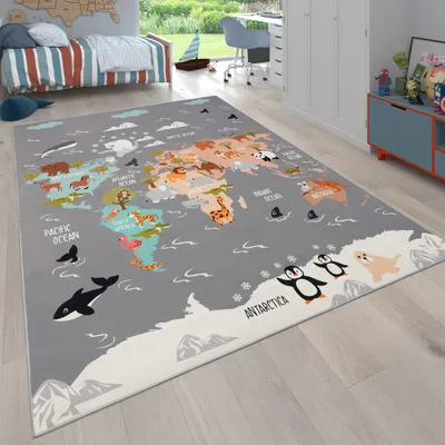 Produktbild von Teppich Kinderzimmer Kinderteppich Tier Welt Motiv Rutschfest Grau Blau Braun Grösse 200x290 cm