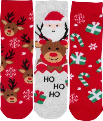 Produktbild von Rentier Santa Socken für Jungen und Mädchen - Weihnachtssocken Kinder Winter Sneaker Kindersocken Söckchen Rot/Grau (3er Pack) 23-26