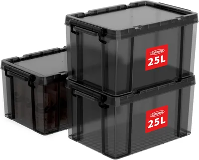 Immagine prodotto di Contenitori con coperchio, impilabili, capacità 25 litri, trasparenti neri, in plastica, per l'archiviazione