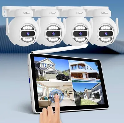 Productafbeelding van SriHome WiFi-videosurveillanceset, 4 camera's, 5 MP, 10,1-inch monitor, nachtzichtfunctie
