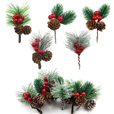 Künstliche Tannenzweige mit Beeren, 20 Stück, Weihnachtsdeko