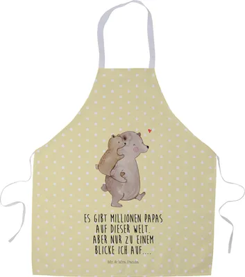 Produktbild von Mr. & Mrs. Panda Küchenschürze Papa Bär - Gelb Pastell - Geschenk, Küchenzubehör, Vatertag, Muttertag, Kochschürze, Grillschürze, Schürze, Koch, Geburtstag