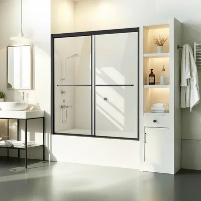 A modern bathroom with a bathtub shower door, vanity, and shelving unit.