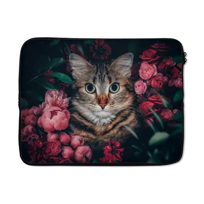 Produktbild von MuchoWow® Laptop Hülle 17 Zoll Laptoptasche Katze - Blumen - Tiere - Botanisch - Zipper - Schutzabdeckung