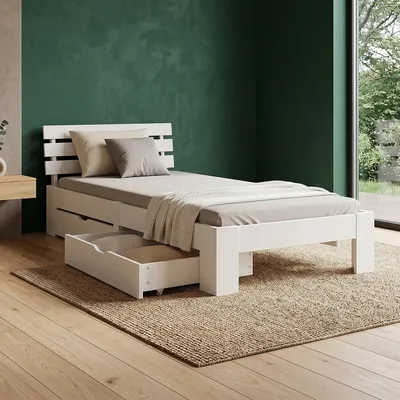 Produktbild von Homestyle4u Holzbett 90x200 mit 2 Schubladen Weiß Einzelbett mit Lattenrost Bettkasten Bett Holz Kiefer