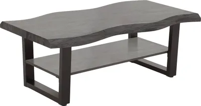 A coffee table with a live edge top and a lower shelf, shown against a white background.