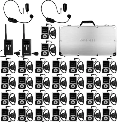 A collection of wireless tour guide system components, including transmitters, receivers with earbuds, and a carrying case, arranged on a white background.