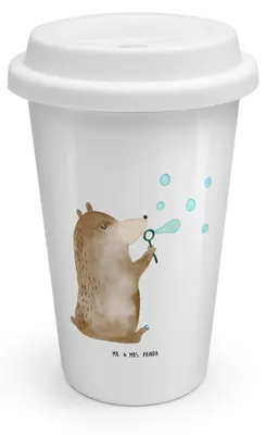 Produktbild von Mr. & Mrs. Panda Kaffeebecher To Go Bär Seifenblasen - Weiß - Geschenk, ToGo, Thermobecher, Mehrwegbecher, Lustig Sein Glücklich Traurig Happy, Teddy, keramik