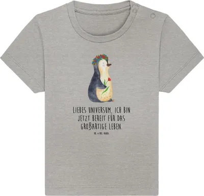 Produktbild von Mr. & Mrs. Panda Babyshirt Pinguin Blumen 24. - 36. Monat - Heather Grey - Geschenk, Positiv, Wünsche, Motivation, Kleinkind T-Shirt, Geschenkidee, Baby  Shirt, Kinder