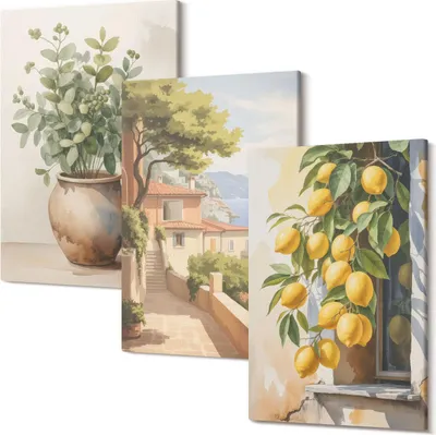 Obrázok produktu pre Obraz Na Plátne – Foto Na Plátno – Fotoplátno – Vyšoká Kvalita – Tlač Fotografii – Rám Z Dreva – Matné Plátno – Pripravené Na Zavesenie – Set 3 Kusy – 40x60 Cm – Kvety vo váze s výhľadom na more a citróny