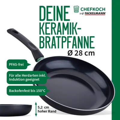 Produktbild von Chefkoch trifft Fackelmann Keramik-Pfanne ø 28 cm - Hochwertige schwarze Greblon CK2 Keramikbeschichtung, umweltfreundlich und vielseitig einsetzbar