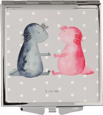 Produktbild von Mr. & Mrs. Panda Schminkspiegel Axolotl Liebe - Grau Pastell - Geschenk, Frauen Spiegel, Valentinstag, Kleiner, Handspiegel, Kosmetikspiegel, Paar, Klappbarer