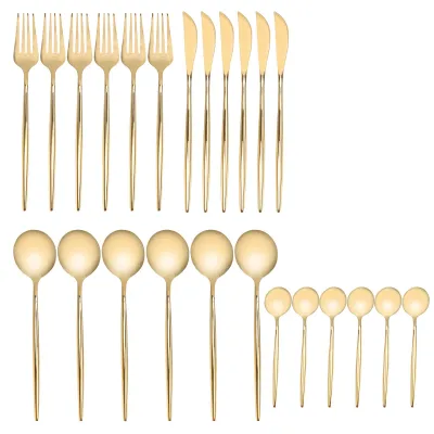 Image de Lot de 24 couverts en acier inoxydable (couteaux, fourchettes et cuillères) dorés, résistants à la rouille, pour la maison, les fêtes et les banquets de mariage