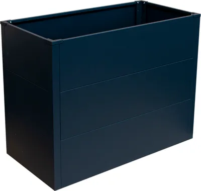 A dark blue metal raised garden bed is shown against a white background.