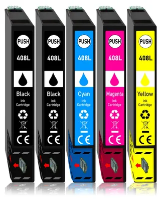 A set of five ink cartridges for a printer, arranged in a row against a white background.