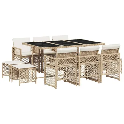 Produktbild von 11-tlg. Garten-Essgruppe mit Kissen Beige Poly Rattan