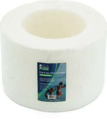 A white pool and spa filter cartridge wrapped in plastic, with a label showing children jumping into water.