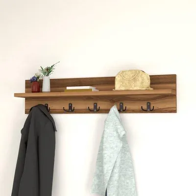 Zdjęcie produktu dla Wieszak ścienny z 10 haczykami, wykonany z płyty MDF w kolorze imitującym drewno orzechowe, 80 cm
