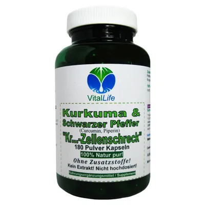 Produktbild von Kurkuma & Schwarzer Pfeffer 180 Pulver Kapseln NATUR Pur NICHT hochdosiert KEIN Extrakt OHNE Zusatzstoffe.