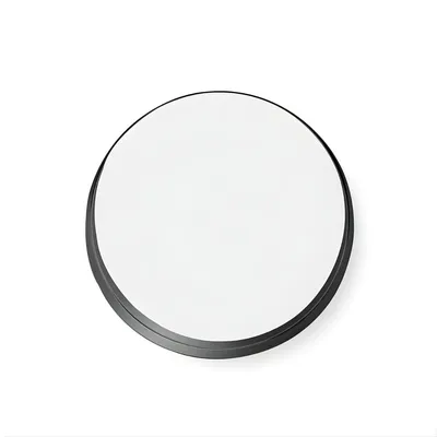 A round mirror with a black frame on a white background.