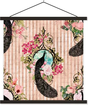 Produktbild von MuchoWow® Textilposter Pfau - Rosa - Blumen 120x120 cm mit schwarzem Rahmen - Aufhängungsset