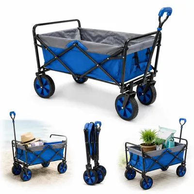 Produktbild von Bauhus Gartenwagen Faltbar 100 kg Bollerwagen Strandwagen Campingwagen mit Griff und Taschen Blau