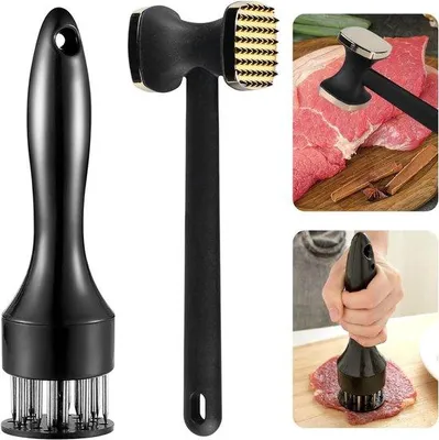 Zdjęcie produktu dla Młotek do mięsa ze stali nierdzewnej - dwustronny tłuczek do kotletów - ergonomiczny uchwyt - idealny do przygotowywania kotletów