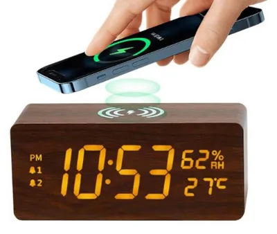 Imagen del producto de Cargador inalámbrico de madera multifunción de 15W con alarma y reloj LED (incluye batería)