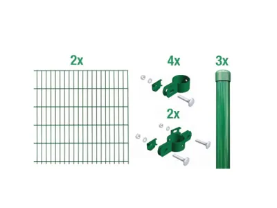 A collage of fencing components including wire mesh panels, clamps, screws, and posts.