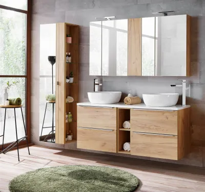 Produktbild von Badmöbel Set 10-tlg Badezimmerset PERUGIA Gold Eiche inkl.Waschbecken
