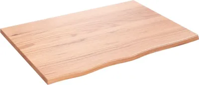 A single wooden shelf on a white background.