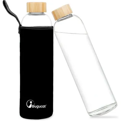 Immagine prodotto di Borraccia in vetro da 1 litro con rivestimento protettivo, realizzata in vetro borosilicato, colore nero