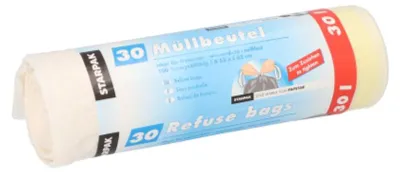 Image de Sacs à déchets PAPSTAR avec cordon de serrage, 30 litres, 17 my, blanc, film LDPE, 530 x 620 mm, 1 rouleau de 30 sacs
