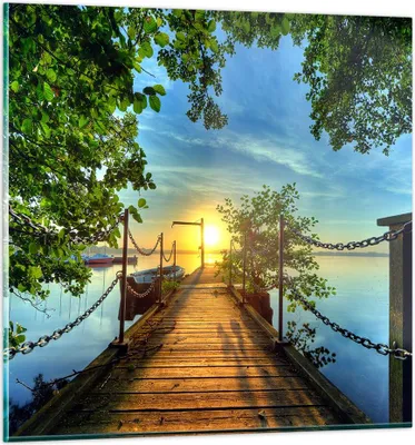 Produktbild von Bilder auf glas - See Sonnenuntergang Boot Landschaft - 30x30cm - Glasbilder - Wandbilder - Kunstdruck - Wanddekoration aus Glas - Glas Bilder - Wandbild auf Glas - GAC30x30-2573
