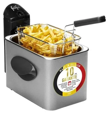 A silver deep fryer filled with french fries sits on a white background.