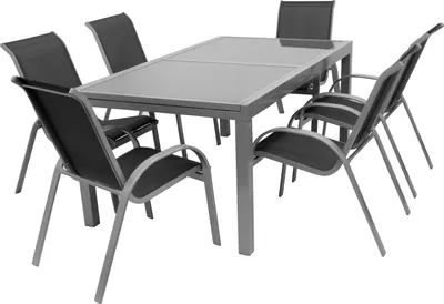 A patio dining set with a table and chairs, shown against a white background.