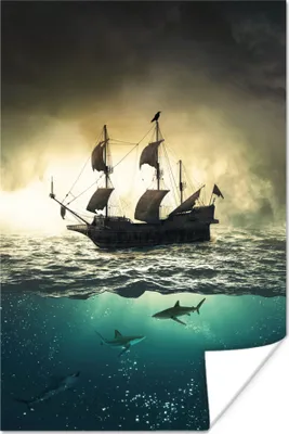 Produktbild von MuchoWow® Poster Boot - Hai - Meer 40x60 cm - Plakate für die Wand - Poster Babyzimmer