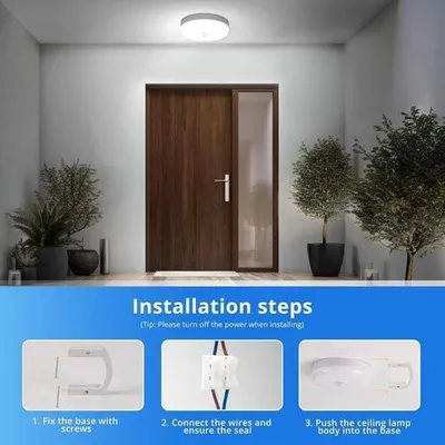 Produktbild von Badezimmer-Deckenleuchte – LED-Deckenleuchte mit Bewegungsmelder – runde Deckenleuchte – 15 W, 6500 K, 1500 lm – kaltweiß – wasserdicht (IP56) – geeignet für Flur, Garage, Treppenhaus, Balkon, Küche, Bad, Werkstatt und Keller