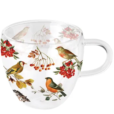 Produktbild von A-2026 Doppelwandiger Glasbecher 9,5 cm x Ø 10 cm Autumn birds