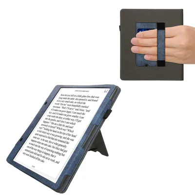 Produktbild von kwmobile Hülle kompatibel mit Amazon Kindle Scribe (2024) Hülle - Flip Case mit Handschlaufe - Kunstleder Cover - Dunkelblau Dunkelgrau