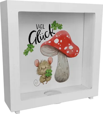 Produktbild von Maus mit Fliegenpilz Rahmen Spardose aus Holz mit Spruch Viel Glück