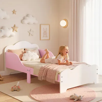 Zdjęcie produktu dla Łóżeczko dziecięce 140 x 70 cm, łóżeczko młodzieżowe z MDF z barierką zabezpieczającą, łóżeczko dla malucha bez materaca, różowe | 143 x 77 x 60 cm | 3–6 lat | 14,9 kg