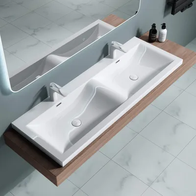 Produktbild von doporro Einbau-Doppelwaschbecken, Waschtisch Colossum03, Gussmarmor, Weiß, 144x48x12cm, robust, DIN-Anschlüsse, geradliniges Design, einfache Montage, für Badezimmer