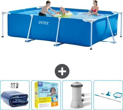 Produktbild von Intex-Schwimmbecken mit rechteckigem Rahmen – 300 x 200 x 75 cm – Blau – im Lieferumfang enthalten Sonnensegel - Wartungspaket - Filterpumpe für Schwimmbad - Reinigungskit