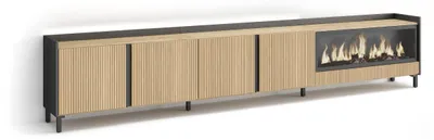 Produktbild von TV-Schrank, Lowboard, 315x35x61cm, Für TV-Geräte bis zu 80", Elektrokamin XXL, Industriedesign, Led, Eiche Schwarz