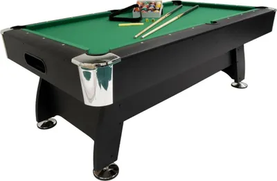 A pool table with billiard balls and cues on a white background.