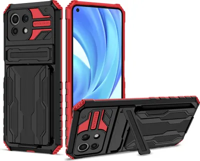 Produktbild von Xiaomi Mi 11 Lite Hülle, Hybrid Robust Schutz Stoßfest Schutzhülle mit Kartenhalter Ständer für Xiaomi Mi 11 Lite Rot